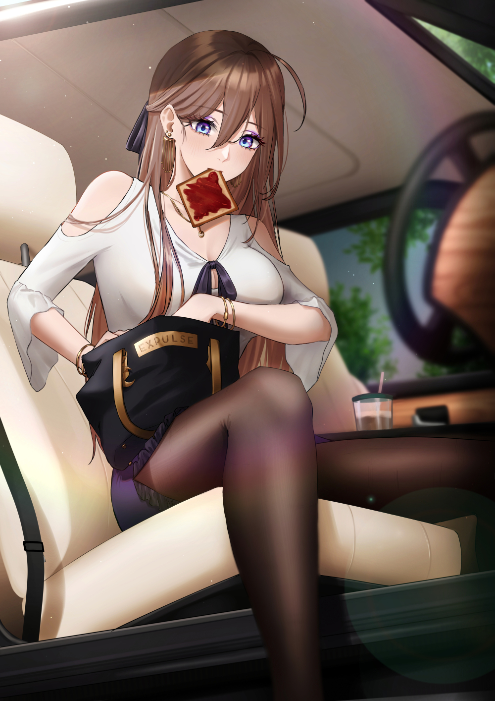 atelier_live, bag, bag_on_lap, bare_shoulders, black_pantyhose, blouse, blue_eyes, blush, bread, bread_slice, breasts, brown_hair, bubble_tea, car, car_interior, cleavage, ear_piercing, expulse, eyeshadow, food, food_in_mouth, highres, holding, holding_bag, jewelry, large_breasts, long_hair, makeup, miniskirt, motor_vehicle, mouth_hold, nana_(kurisustinah), nanatsuki_nana, necklace, office_lady, original, pantyhose, piercing, purple_skirt, ribbon, shirt, sitting, skirt, solo, steering_wheel, thighs, toast, toast_in_mouth, virtual_youtuber, white_shirt, wristband