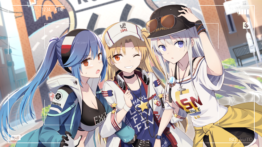 3girls, azur_lane, bare_shoulders, baseball_cap, black_choker, black_gloves, black_hairband, black_sports_bra