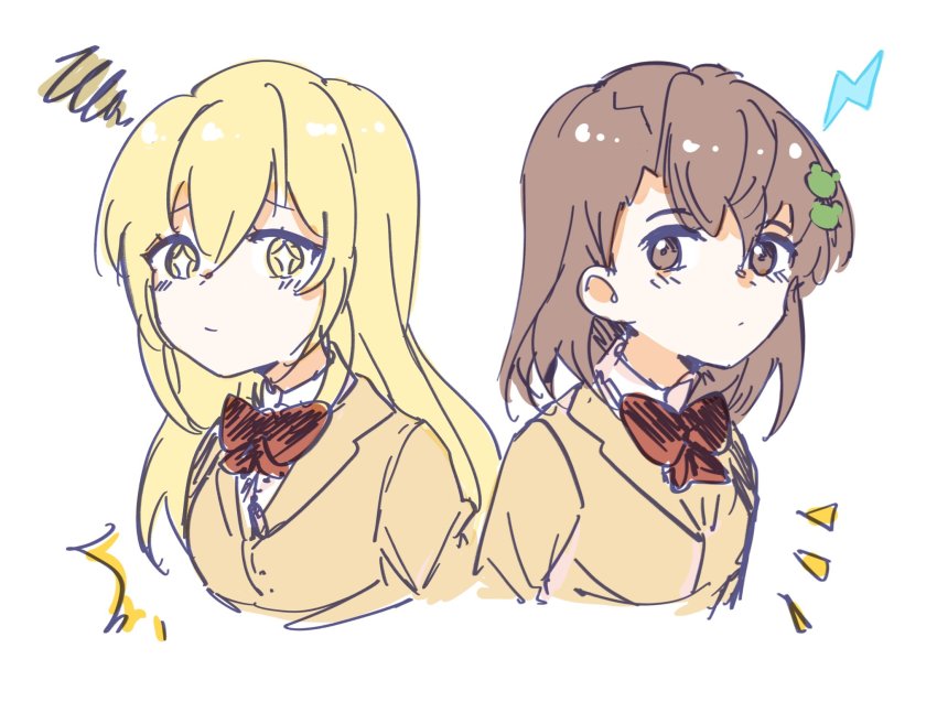 2girls, blonde_hair, brown_hair, highres, misaka_mikoto, multiple_girls, shokuhou_misaki, tagme