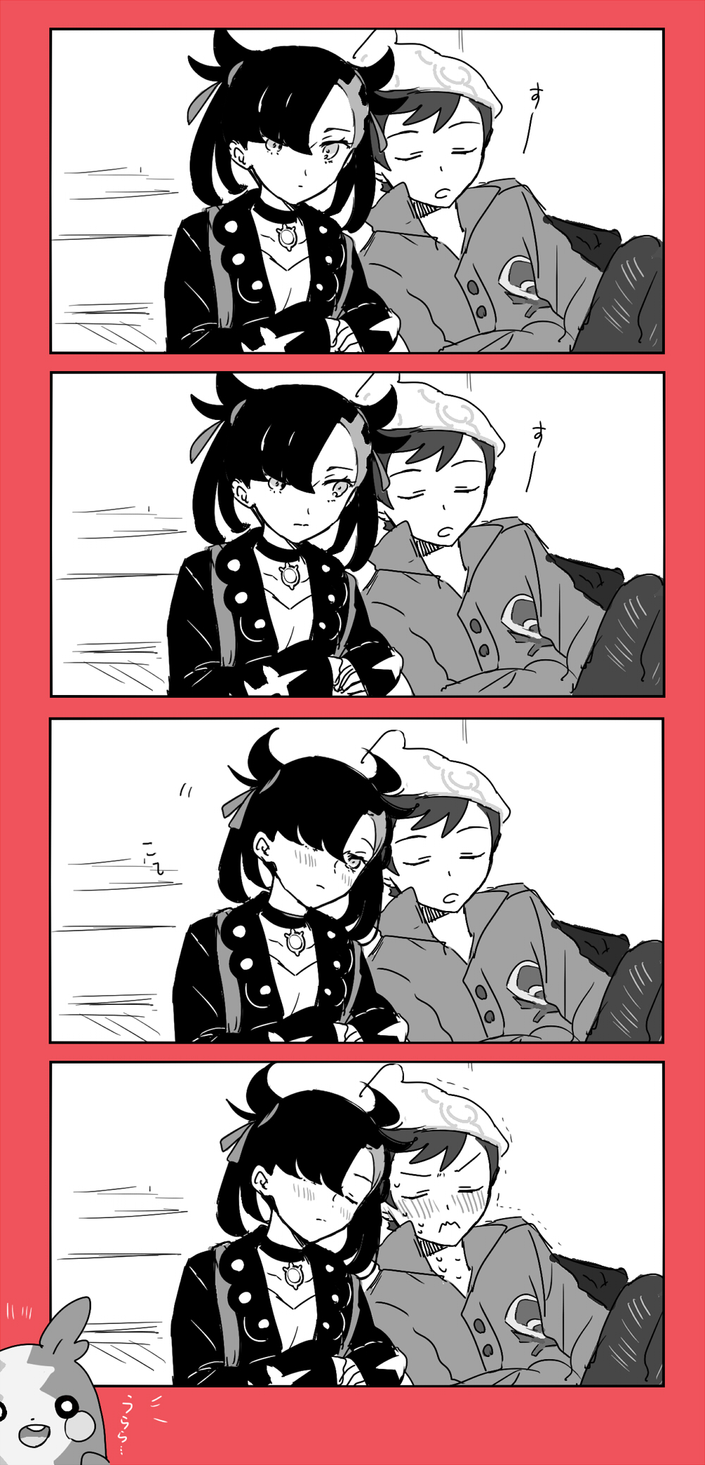 1boy, 1girl, 4koma, beanie, blush, choker, closed_eyes, comic