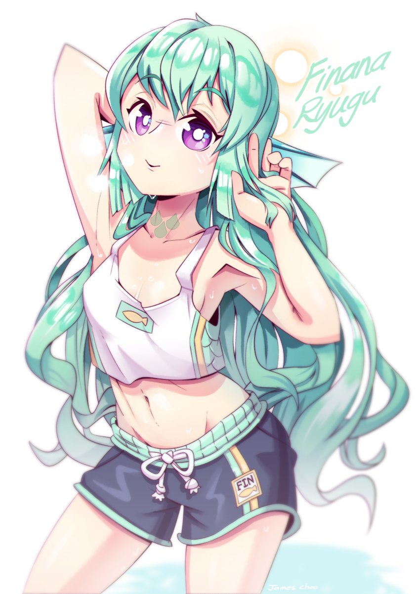 1girl, absurdres, alternate_costume, black_shorts, bright_pupils, character_name, collarbone, finana_ryugu, fins, fish_girl, green_hair, hand_in_own_hair, head_fins, head_tilt, highres, james_choo, long_hair, looking_at_viewer, midriff, navel, neck_tattoo, nijisanji, nijisanji_en, purple_eyes, shorts, smile, solo, tank_top, tattoo, virtual_youtuber, white_pupils