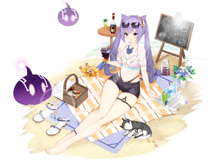 1girl, absurdres, alternate_costume, aze_not_bald, barefoot, beach, beach_towel, bikini
