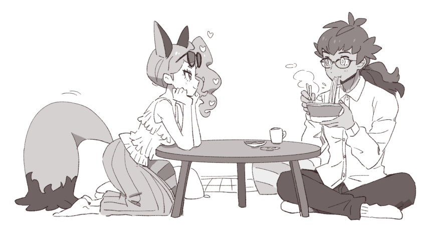 1boy, 1girl, alternate_costume, animal_ears, bad_id, bad_twitter_id, bare_arms, bespectacled