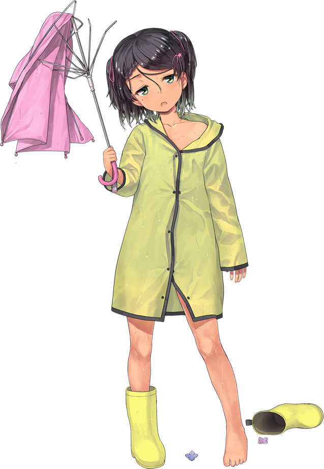 1girl, asymmetrical_footwear, barefoot, black_hair, boots, braid, broken, broken_umbrella, collarbone, full_body, green_eyes, jiji_(aardvark), kantai_collection, legs, mole, mole_under_eye, off_shoulder, official_art, open_mouth, pink_umbrella, raincoat, scirocco_(kancolle), scirocco_(rainy_season)_(kancolle), shoes, short_hair, single_shoe, smile, tan, transparent_background, two_side_up, umbrella, uneven_footwear, unworn_boot, unworn_boots, wet, wet_hair, yellow_boots, yellow_raincoat