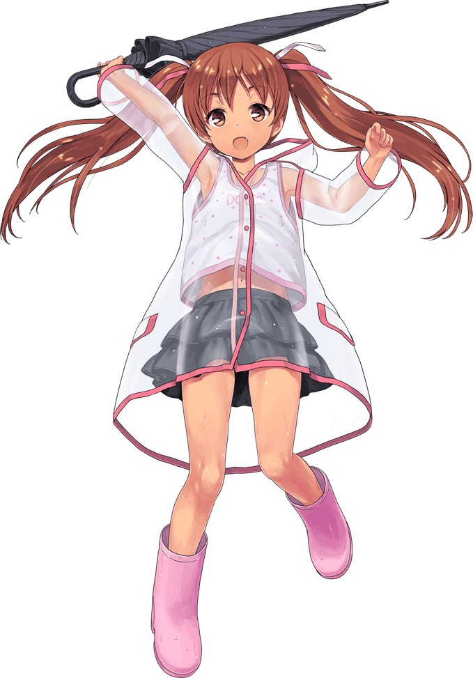 1girl, arms_up, black_skirt, black_umbrella, boots, brown_eyes, brown_hair, dress, fang, frilled_skirt, frills, full_body, hair_ribbon, holding, holding_umbrella, jacket, jiji_(aardvark), kantai_collection, libeccio_(kancolle), libeccio_(rainy_season)_(kancolle), long_hair, official_art, pink_boots, raincoat, ribbon, see-through_clothes, see-through_dress, see-through_jacket, see-through_raincoat, see-through_sleeves, skirt, smile, solo, transparent_background, twintails, umbrella