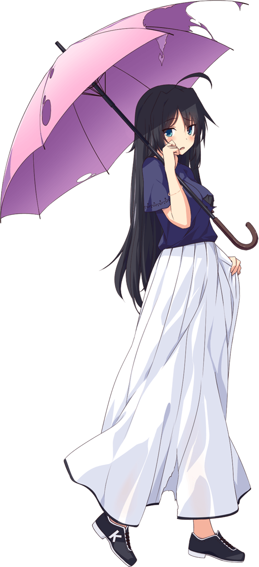 1girl, ahoge, aqua_eyes, black_hair, blush, from_side, full_body, holding