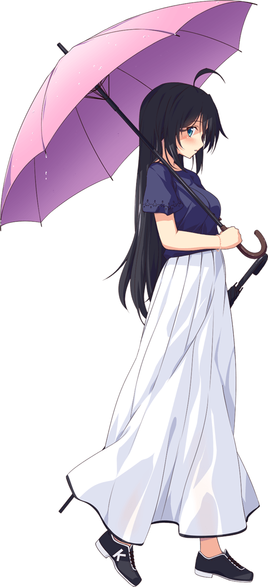 1girl, ahoge, aqua_eyes, black_hair, blush, from_side, full_body, hair_down