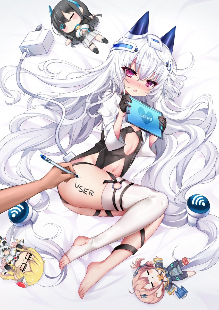 1boy, 1girl, barefoot, bed_sheet, black_gloves, black_thighhighs, blush, body_writing