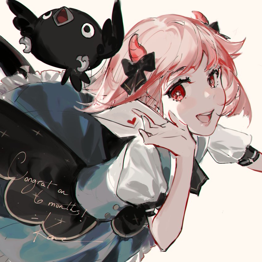 1girl, anniversary, ascot, beak, bird, black_ascot, black_eyes, blue_skirt