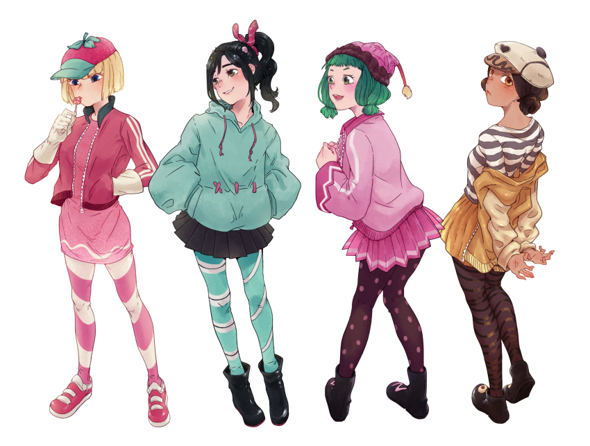 4girls, alternate_height, baggy_clothes, baseball_cap, beanie, black_footwear, black_hair, blonde_hair, bob_cut, boots, breasts, brown_hair, cake_hat, candlehead, candy, candy_hair_ornament, crumbelina_di_carmello, disney, double_bun, dress, eating, food, food-themed_hair_ornament, from_behind, gloves, gold_jacket, green_hair, green_hoodie, hair_bun, hair_ornament, hands_in_pockets, hat, highres, hood, hoodie, jacket, licorice_(food), lollipop, looking_at_another, low_twintails, miniskirt, multiple_girls, pantyhose, pink_dress, pink_jacket, pink_shoes, pleated_skirt, polka_dot, polka_dot_legwear, ponytail, removing_jacket, shinoharatotsuki, shirt, shoes, short_hair, skirt, smile, stitches, straight_hair, strawberry_hat, striped_clothes, striped_legwear, striped_pantyhose, striped_shirt, taffyta_muttonfudge, twintails, vanellope_von_schweetz, wreck-it_ralph
