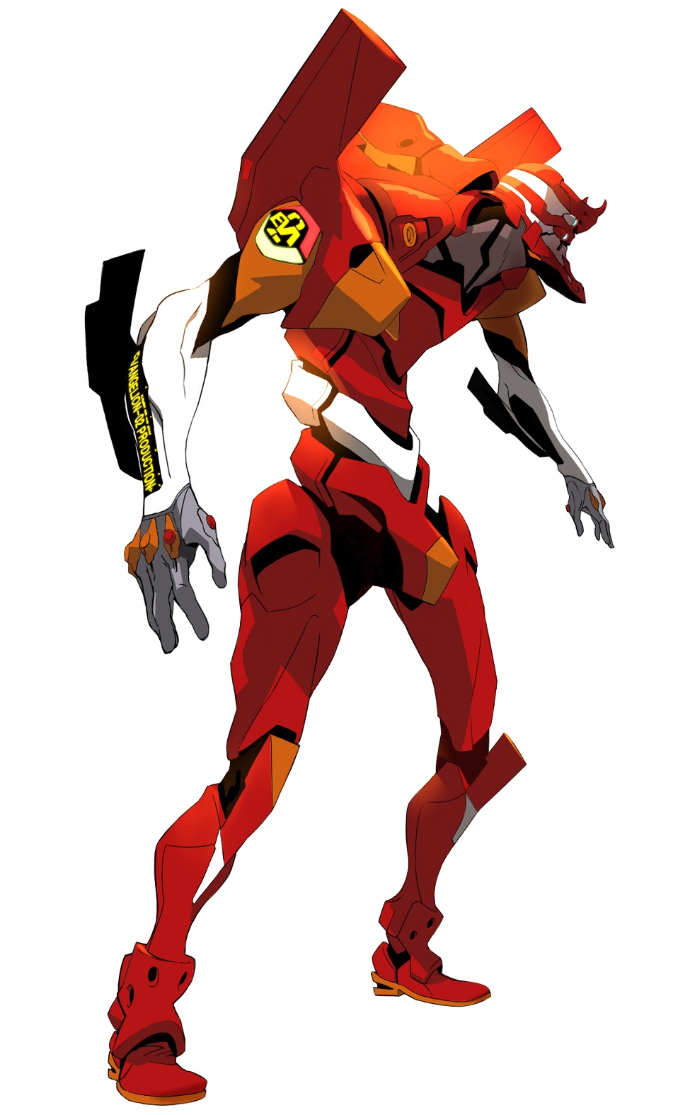 00s, armor, copyright_name, eva_02, full_body, highres, leaning_forward, looking_to_the_side