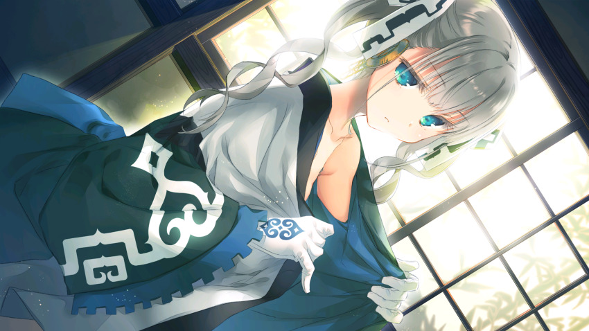 1girl, ainu_clothes, aquaplus, blue_eyes, breasts, breasts_out, cleavage, closed_mouth, clothes_pull, collarbone, colored_eyelashes, curly_hair, eyelashes, female_focus, game_cg, gloves, hair_between_eyes, hair_ribbon, highres, indoors, light_particles, light_rays, long_hair, looking_at_viewer, mitsumi_misato, natoriitori, official_art, open_clothes, ribbon, robot, robot_ears, robot_girl, small_breasts, solo, tree, twintails, undressing, utawarerumono, utawarerumono:_lost_flag, white_gloves, white_hair, window