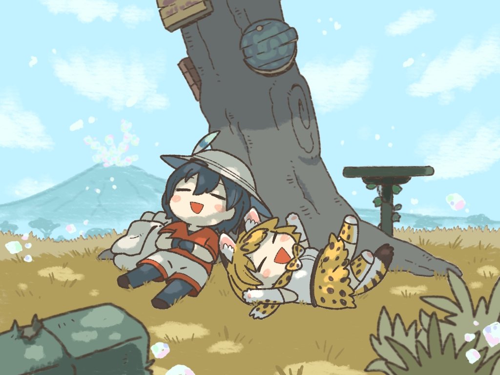 2girls, animal_ears, animal_print, backpack, bag, beige_shorts, black_gloves, black_hair, black_legwear, blonde_hair, blush, bow, bowtie, closed_eyes, commentary_request, elbow_gloves, flower, gloves, grass, hat, hat_flower, helmet, high-waist_skirt, kaban_(kemono_friends), kemono_friends, kuro_shiro_(kuro96siro46), lying, multiple_girls, on_back, open_mouth, pantyhose, pith_helmet, print_gloves, print_legwear, print_neckwear, print_skirt, red_shirt, serval_(kemono_friends), serval_tail, shirt, short_hair, short_sleeves, skirt, sleeveless, smile, t-shirt, tail, thighhighs, traditional_bowtie, tree, two-tone_bow, two-tone_bowtie, unworn_backpack, unworn_bag, white_shirt, zettai_ryouiki