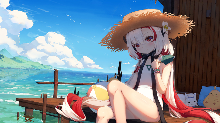 1girl, :3, =_=, armband, azur_lane, ball, bare_shoulders, beachball, black_ribbon, blue_sky, blush, chinese_commentary, closed_eyes, closed_mouth, cloud, commentary_request, cowboy_shot, day, flower, hair_between_eyes, hair_flower, hair_ornament, hat, highres, holding, holding_shovel, long_hair, looking_at_viewer, maestrale_(azur_lane), maestrale_(lonesome_beachfarer)_(azur_lane), manjuu_(azur_lane), meowfficer_(azur_lane), multicolored_hair, ocean, one-piece_swimsuit, outdoors, parted_bangs, red_eyes, red_hair, ribbon, shadow, shovel, sidelocks, sitting, sky, sleeping, smile, soaking_feet, solo_focus, straw_hat, swimsuit, two-tone_hair, white_hair, white_one-piece_swimsuit, wristband, xiaoxiao_de_hongye