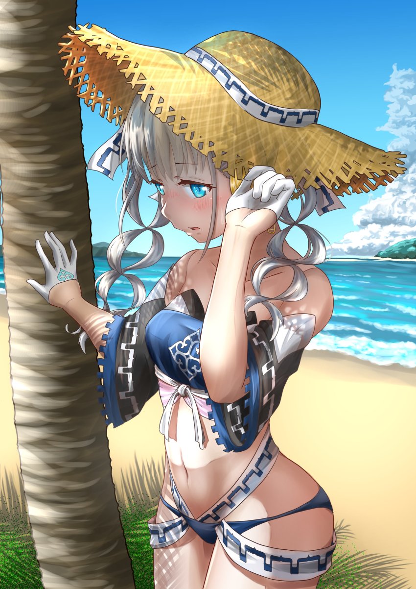 1girl, absurdres, ainu_clothes, aquaplus, ass, beach, blue_eyes, blue_sky, blush, breasts, cloud, curly_hair, curvy, gloves, grass, hair_ribbon, hat, highres, long_hair, looking_at_viewer, midriff, mzd9ha, natoriitori, navel, open_mouth, outdoors, ribbon, robot, robot_ears, robot_girl, sky, small_breasts, straw_hat, swimsuit, thighs, tree, twintails, utawarerumono, utawarerumono:_lost_flag, water, white_gloves, white_hair