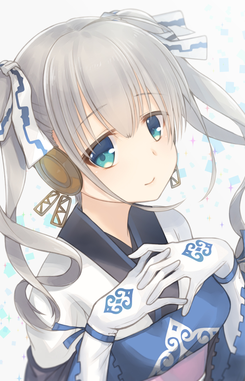 1girl, ainu_clothes, aquaplus, blue_eyes, breasts, curly_hair, female_focus, gloves