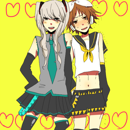 2boys, atlus, bad_id, bad_pixiv_id, brown_hair, cosplay, crossdressing, crossdressing_(mtf), hanamura_yousuke, hatsune_miku, hatsune_miku_(cosplay), headphones, kagamine_rin, kagamine_rin_(cosplay), male_focus, midriff, multiple_boys, narukami_yu, persona, persona_4, ribbon, shigure_wasa, short_hair, short_shorts, shorts, skirt, thighhighs, trap, twintails, vocaloid, ws_(pixiv)