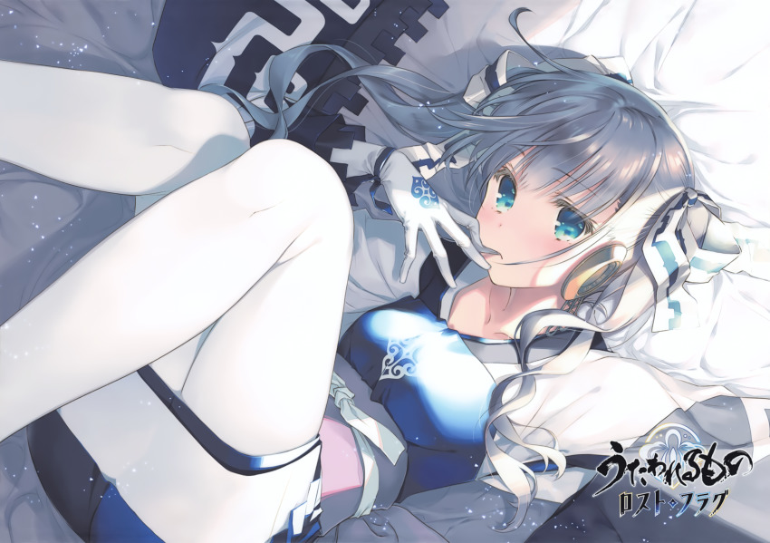 1girl, absurdres, ainu_clothes, aquaplus, biting, blue_eyes, blush, breasts