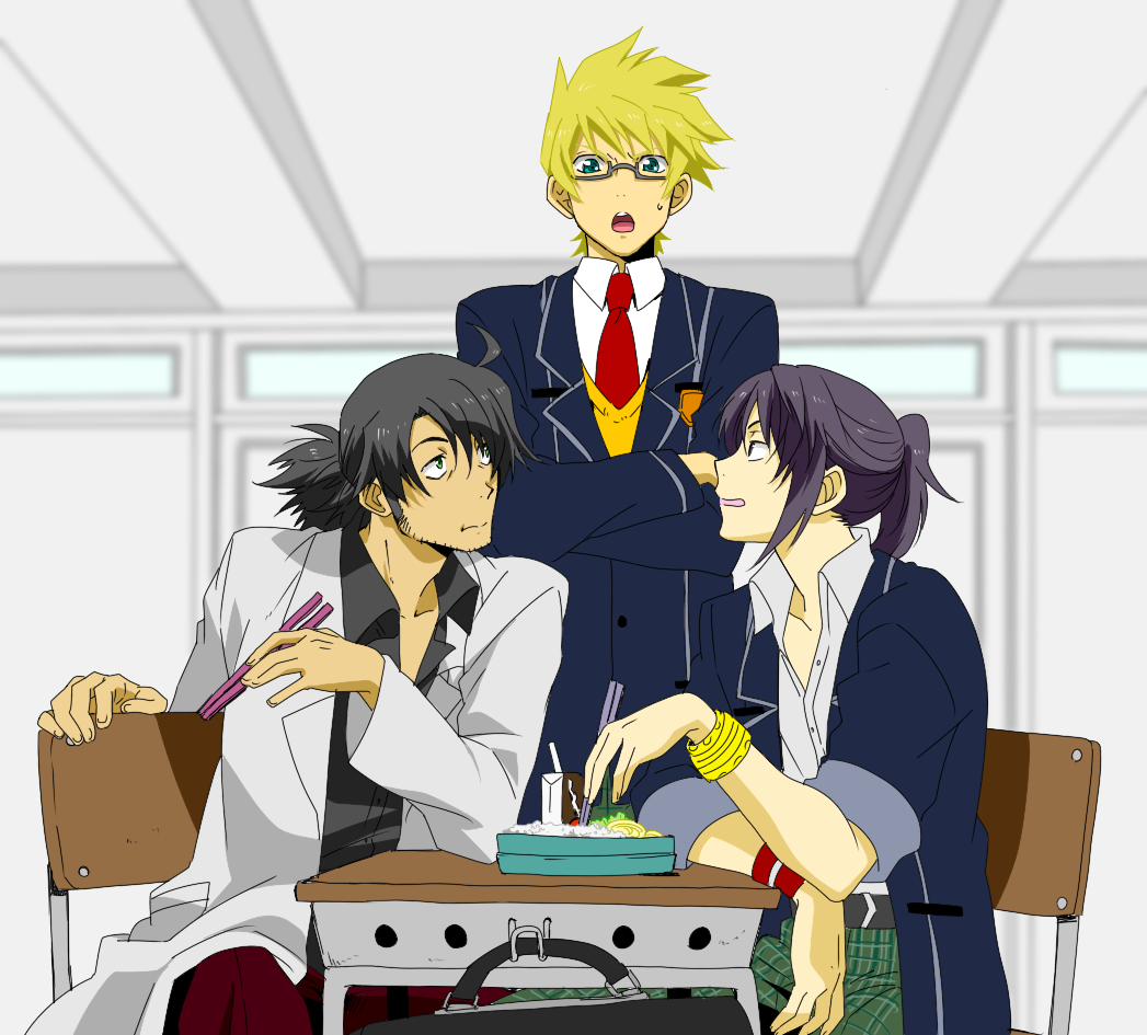 00s, 3boys, alternate_costume, black_eyes, black_hair, blonde_hair, bracelet, classroom