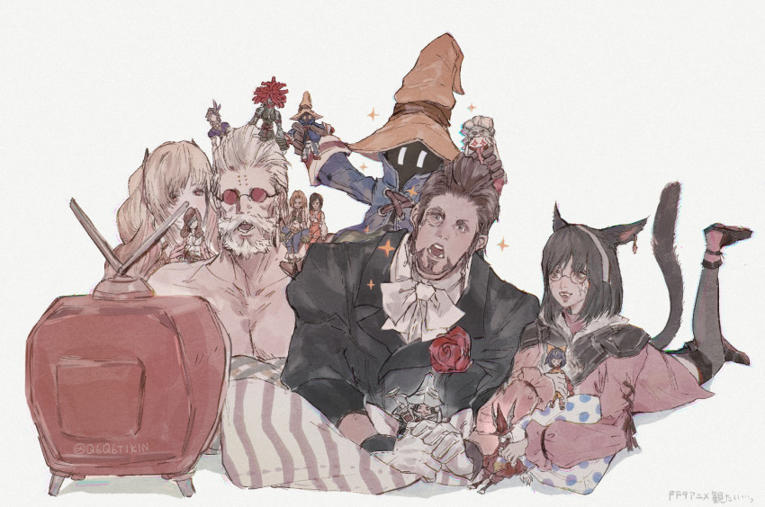 2girls, 3boys, adelbert_steiner, animal_ears, ascot, beard, beatrix_(ff9), cat_ears