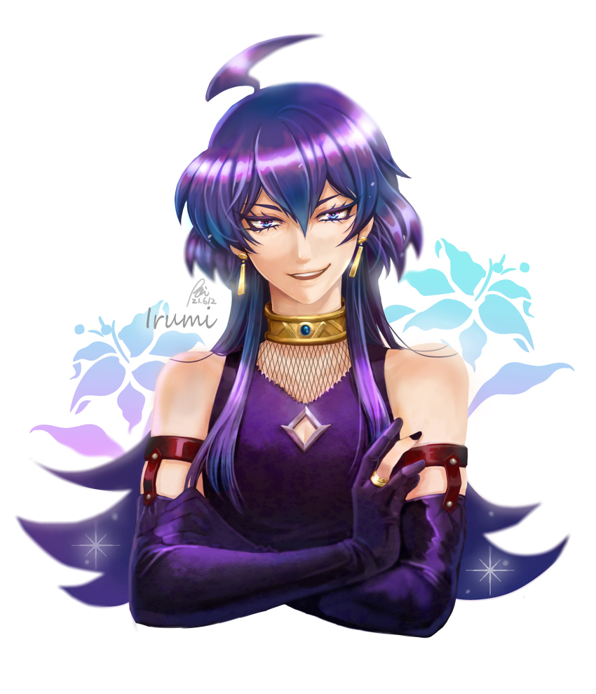 1boy, ahoge, alternate_hair_length, alternate_hairstyle, bare_shoulders, blue_eyes, blue_hair, cleavage_cutout