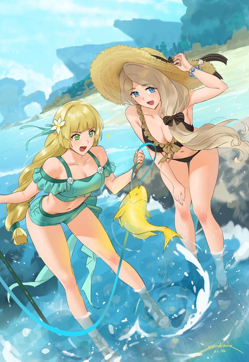 2girls, :d, bare_shoulders, beach, bikini, black_bikini, blonde_hair, blue_eyes