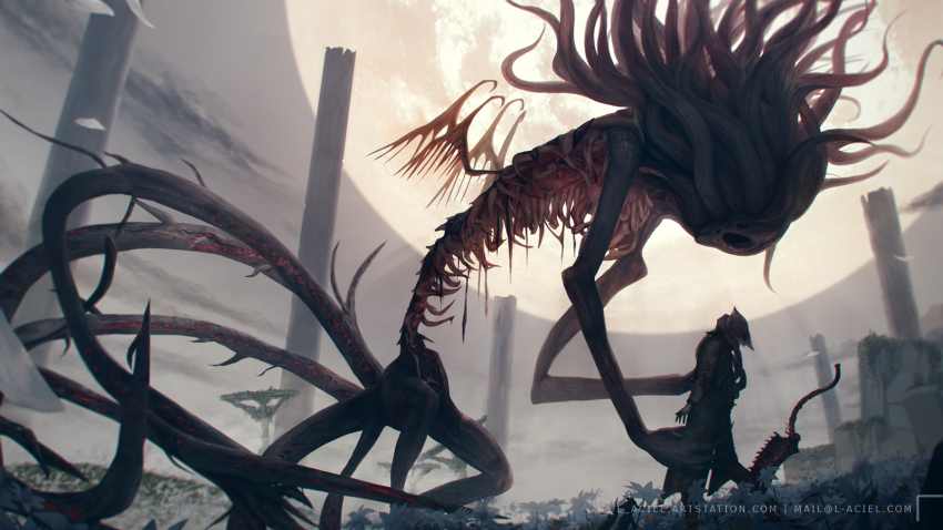 1other, blood, bloodborne, cloak, coat, commentary_request, eldritch_abomination, field