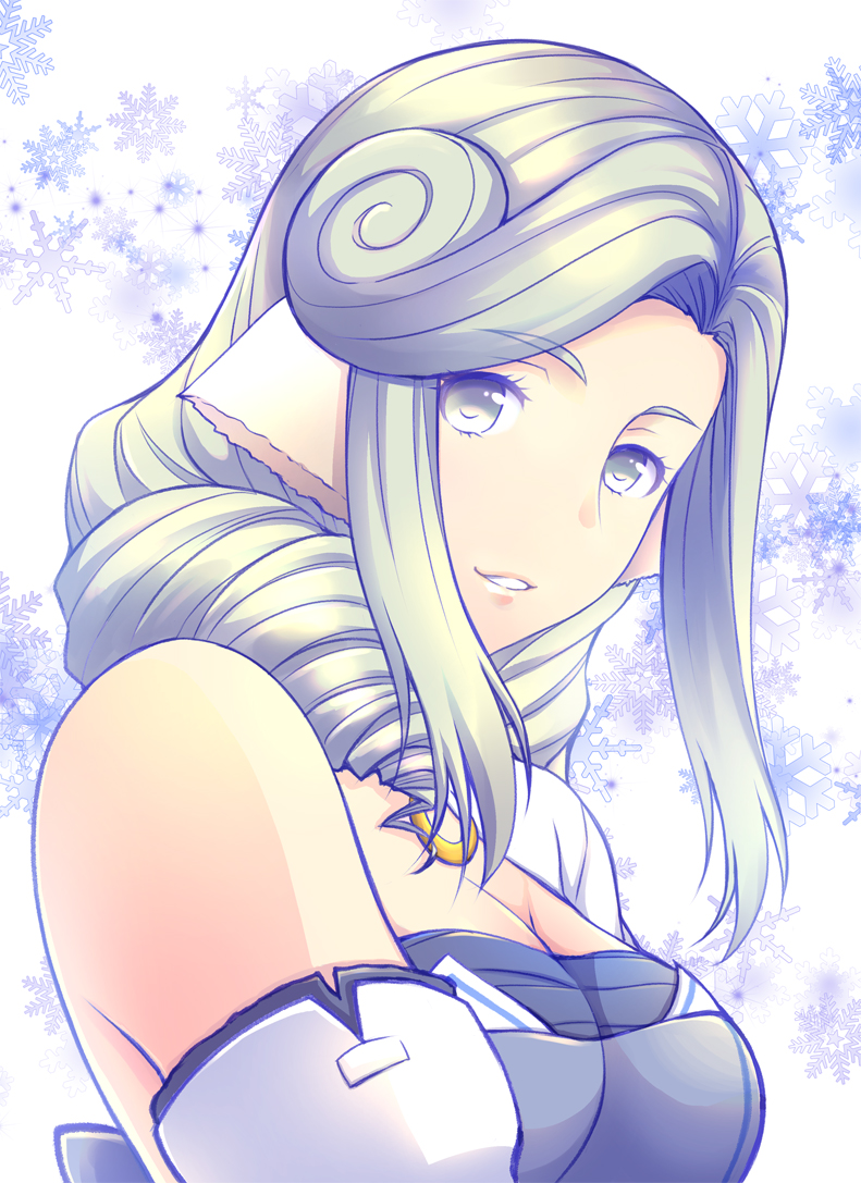 1girl, aquaplus, blue_eyes, blue_hair, breasts, curly_hair, eyelashes, female_focus, from_side, large_breasts, long_hair, looking_at_viewer, manyu274, munechika, sidelocks, smile, snowflakes, solo, strapless, tube_top, upper_body, utawarerumono, utawarerumono:_itsuwari_no_kamen