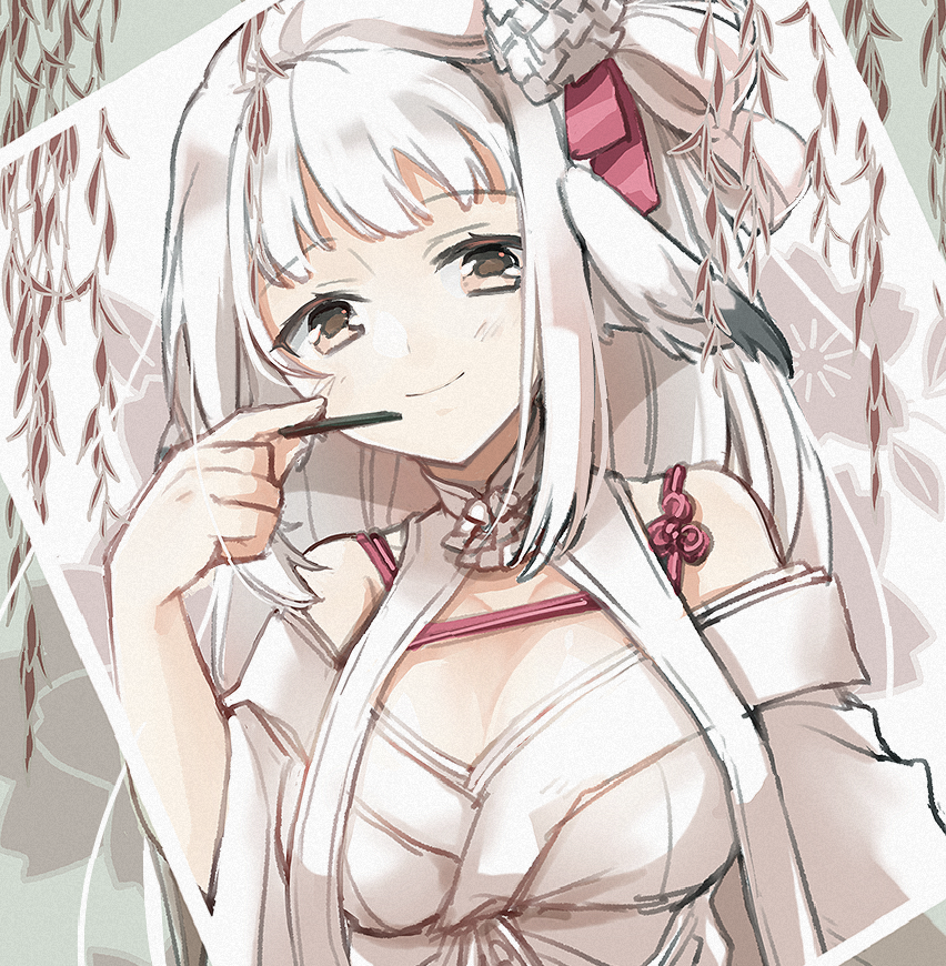 1girl, animal_ears, aquaplus, breasts, cleavage, gomac_14, grey_eyes, hair_ornament