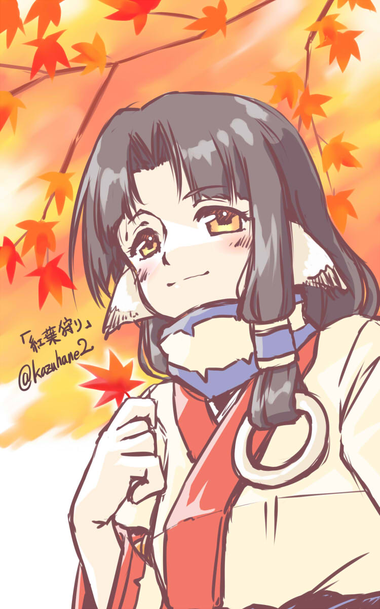 ainu_clothes, animal_ears, aquaplus, autumn_leaves, black_hair, blush, breasts, eruruu