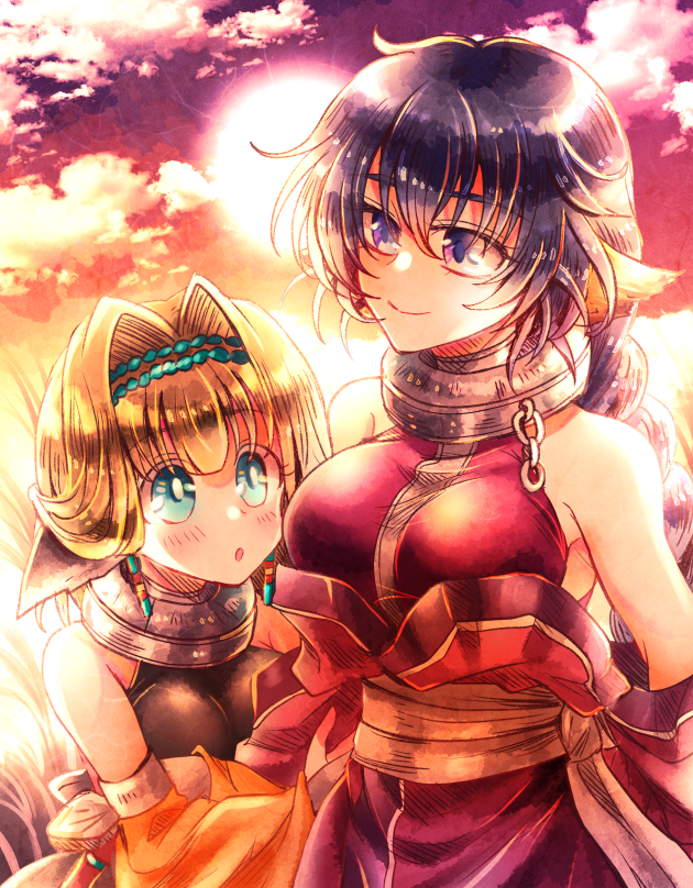 2girls, animal_ears, aquaplus, blue_eyes, blush, breasts, brown_hair, chain