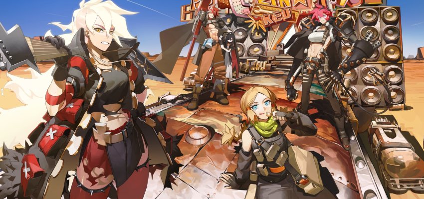 1boy, 4girls, abs, ahoge, alchemy_stars, bag, barefoot, belt