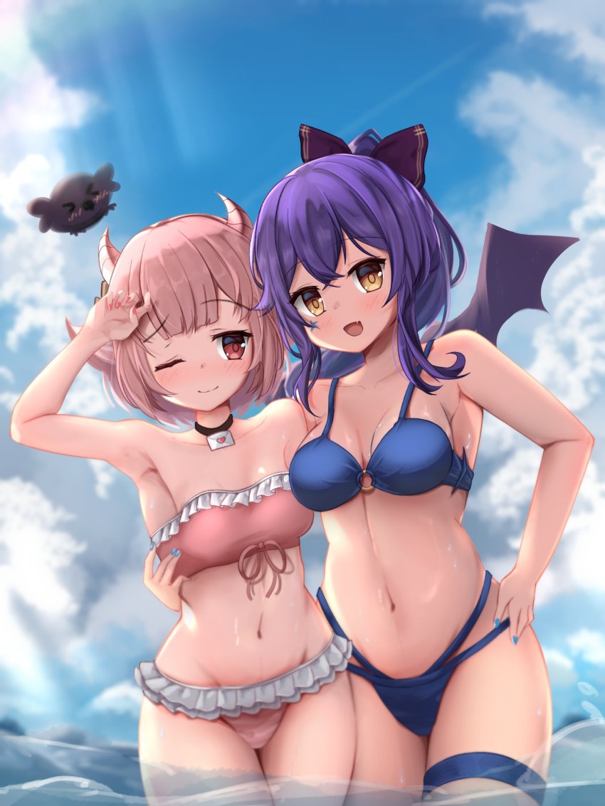 >_<, 2girls, absurdres, arm_around_another's_waist, armpits, bat_girl, bat_wings, bikini, bird, black_bow, black_choker, blue_bikini, blue_hair, blue_nails, bobicess, bow, breasts, choker, cleavage, cloud, collarbone, commentary, crow, english_commentary, frilled_bikini, frills, hair_bow, hand_on_own_hip, highres, matsuro_meru, medium_breasts, midriff, multiple_girls, muni_(matsuro_meru), nail_polish, navel, one_eye_closed, pink_bikini, pink_tube_top, pink_tubetop, ponytail, red_eyes, short_hair, sky, small_breasts, smile, strapless, swimsuit, thigh_strap, tsunderia, tube_top, virtual_youtuber, water, wings, yazaki_kallin