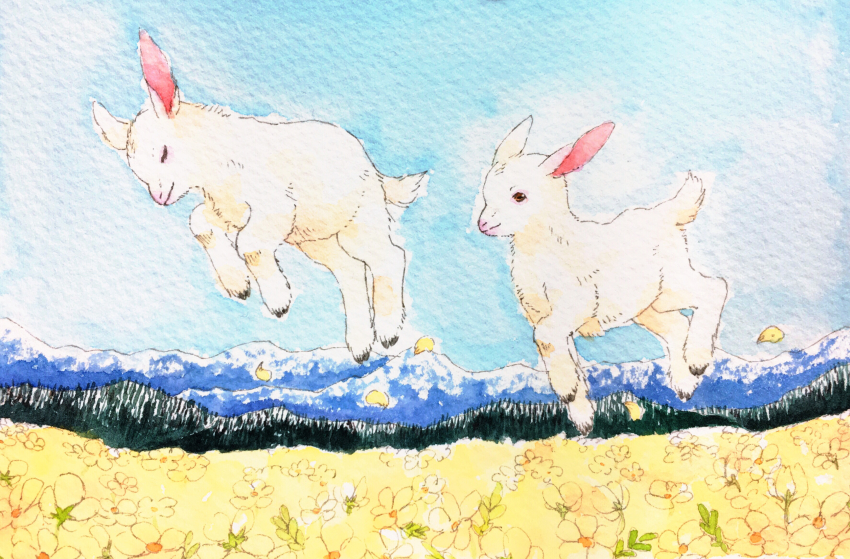 absurdres, animal, animal_focus, chako_(parusminor30), closed_mouth, cloud, commentary_request, day, closed_eyes, field, flower, flower_field, from_below, goat, highres, jumping, mountainous_horizon, no_humans, original, outdoors, painting_(medium), petals, sky, traditional_media, watercolor_(medium), yellow_flower