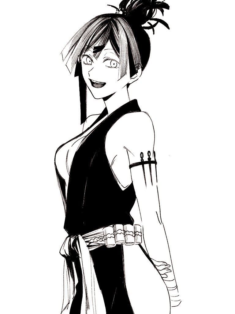 1girl, ai_jgkrk, arms_behind_back, breasts, cleavage, jigokuraku, knife, looking_at_viewer, monochrome, ponytail, sash, sideboob, simple_background, white_background, yuzuriha_(jigokuraku)