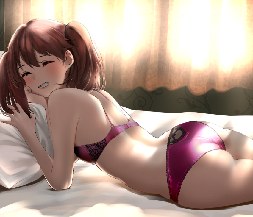 1girl, ass, back, bare_arms, bare_shoulders, bed, blush, bra