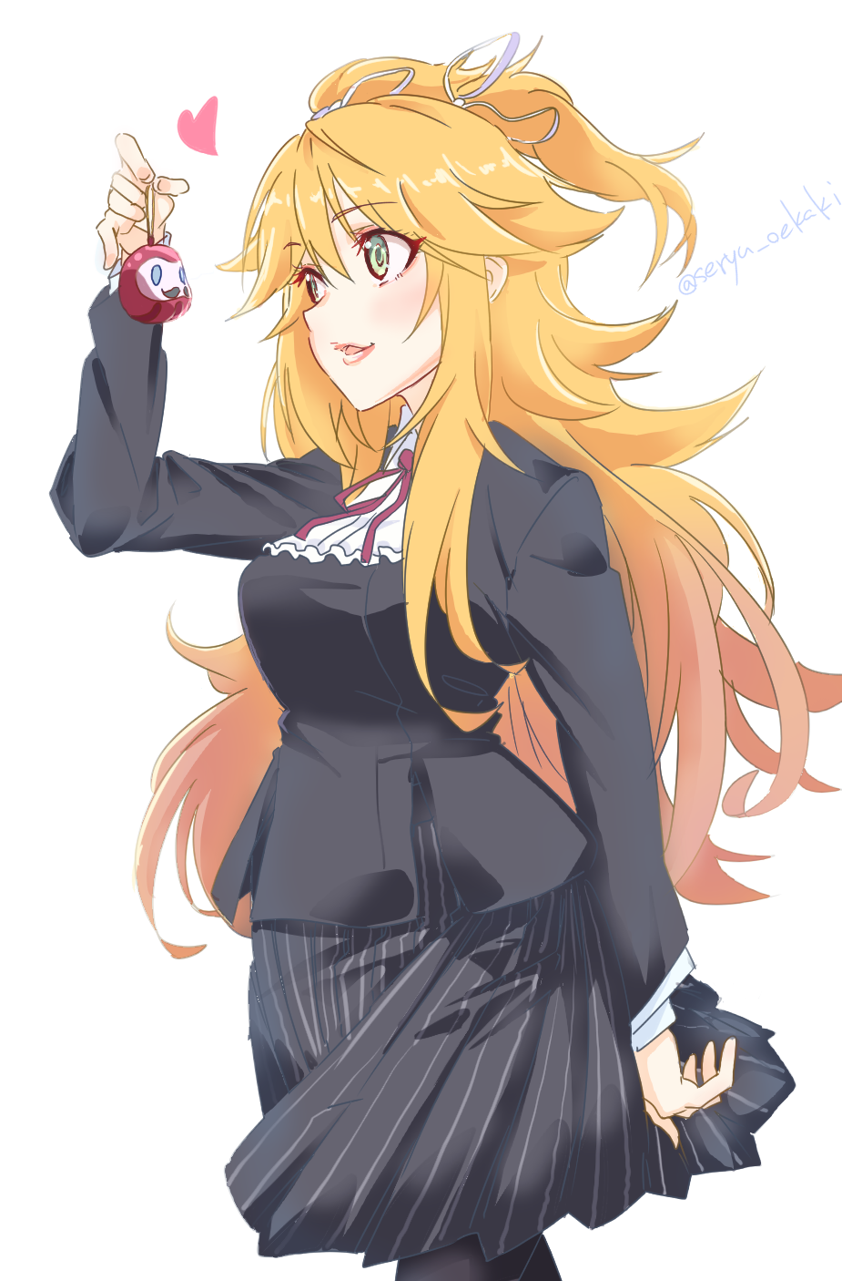 1girl, black_skirt, breasts, green_eyes, hair_between_eyes, highres, large_breasts, long_hair