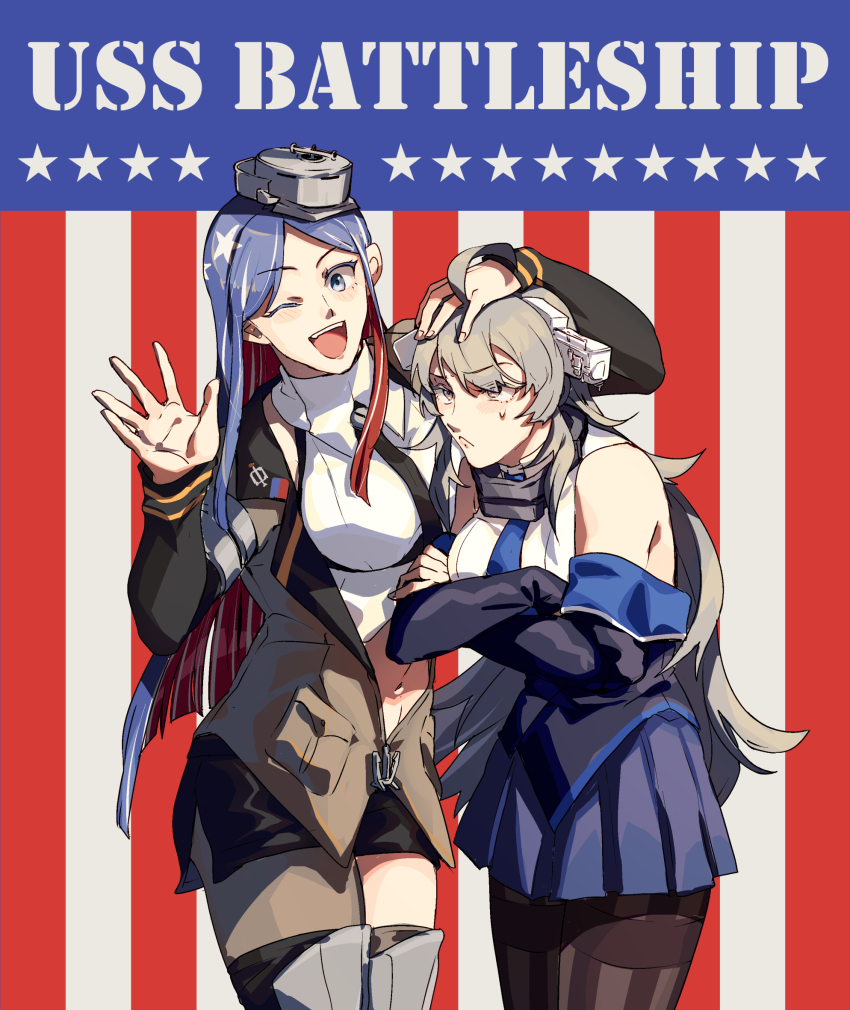 2girls, ahoge, american_flag, american_flag_background, asymmetrical_legwear, black_legwear, black_neckwear, blue_eyes