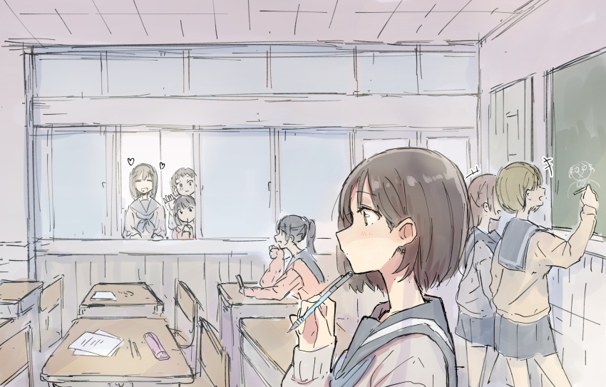 6+girls, absurdres, betock, black_sailor_collar, black_skirt, brown_eyes, brown_hair, brown_sweater