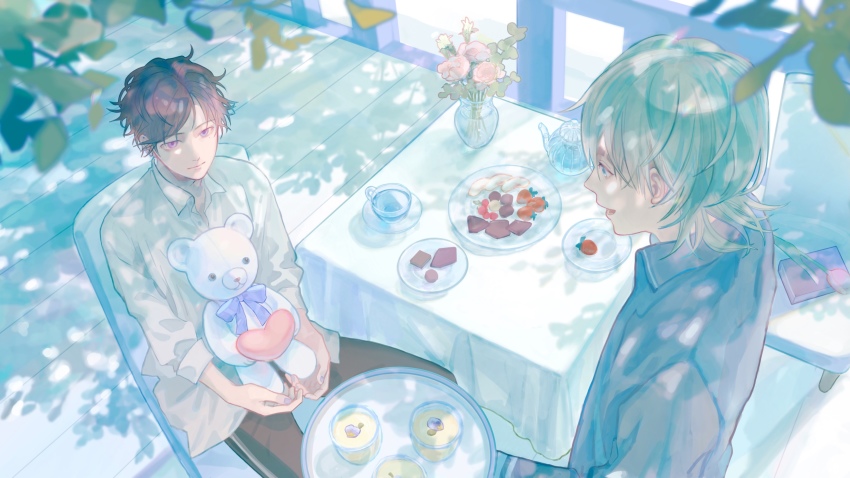 2boys, absurdres, aino0219, bad_id, bad_pixiv_id, brown_hair, collared_shirt, cup, dappled_sunlight, flower, food, highres, long_sleeves, multiple_boys, original, pink_flower, plate, shirt, short_hair, stuffed_animal, stuffed_toy, sunlight, teddy_bear, tray, vase, white_flower, white_hair, white_shirt