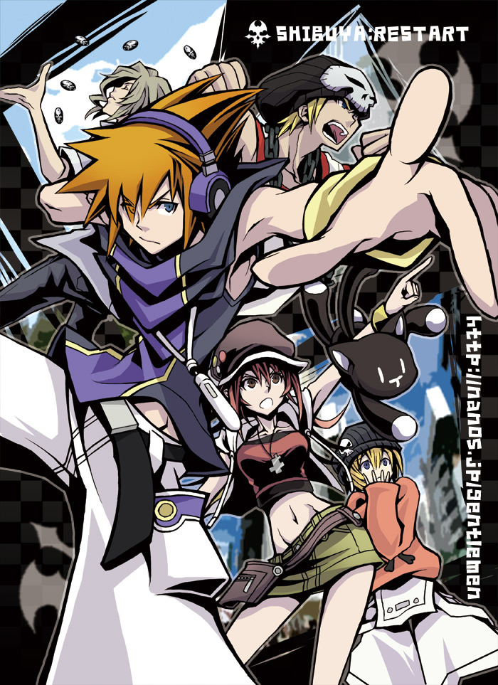 2girls, 3boys, badge, beanie, belt, bito_daisukenojo, bito_raimu, blonde_hair