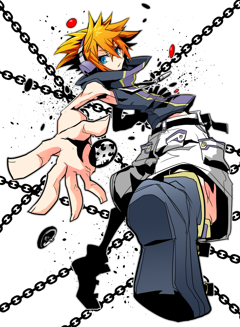 1boy, belt, black_footwear, blood, blood_drop, blue_eyes, chain, eyebrows