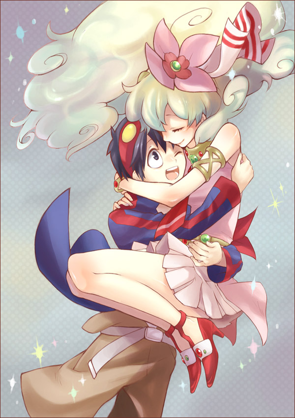 00s, 1boy, 1girl, couple, closed_eyes, flower, goggles, goggles_on_head