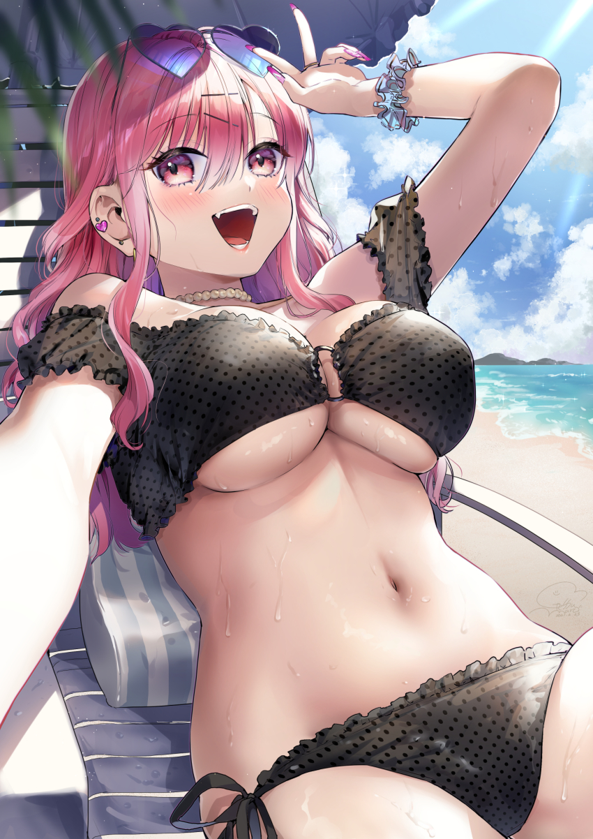 1girl, :d, arm_up, beach, bikini, black_bikini, blush, breasts, day, ear_piercing, eyewear_on_head, fang, fingernails, frilled_bikini, frills, geshumaro, glint, gyaru_gamer_ni_home_raretai, hair_between_eyes, heart, heart-shaped_eyewear, highres, jewelry, large_breasts, long_fingernails, long_hair, looking_at_viewer, lying, nail_polish, navel, o-ring, o-ring_bikini, off-shoulder_bikini, off_shoulder, on_back, open_mouth, outdoors, piercing, pillow, pink_eyes, pink_hair, pink_nails, polka_dot, polka_dot_bikini, ring, scrunchie, sidelocks, signature, smile, solo, sunglasses, swimsuit, underboob, wet, wrist_scrunchie