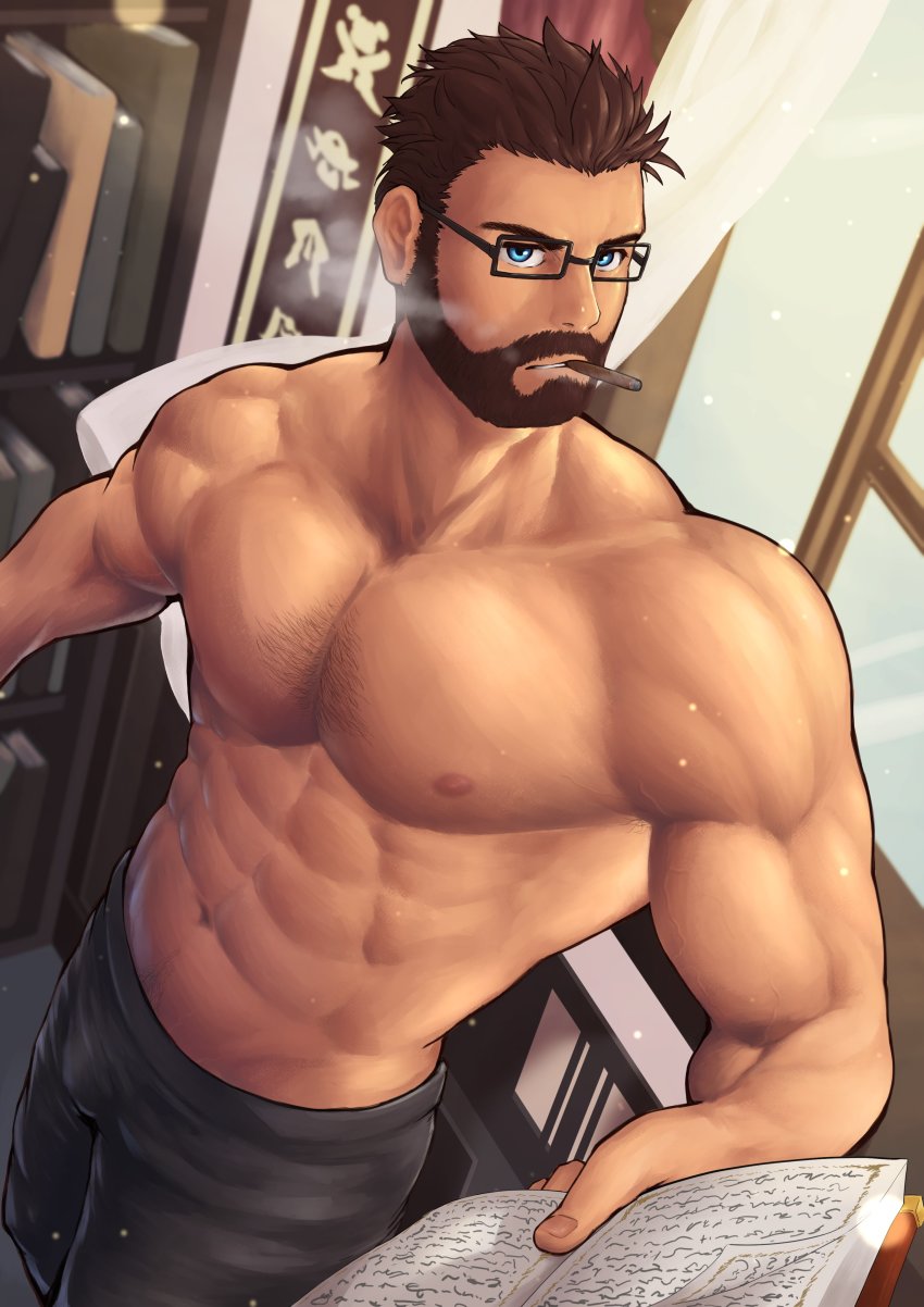 1boy, abs, absurdres, bara, beard, black-framed_eyewear, black_pants, blue_eyes, book, brown_hair, bulge, chest_hair, cigarette, facial_hair, from_above, glasses, gyee, hair_slicked_back, highres, holding, holding_book, indoors, ko_shushu, large_pectorals, looking_at_viewer, male_focus, mature_male, muscular, muscular_male, navel, navel_hair, nipples, pants, pectorals, topless_male, short_hair, smoking, solo, stomach, vundo_(gyee)