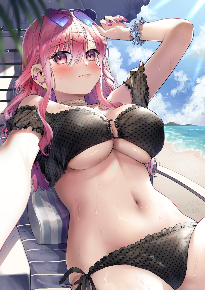 1girl, arm_up, beach, bikini, black_bikini, blush, breasts, closed_mouth