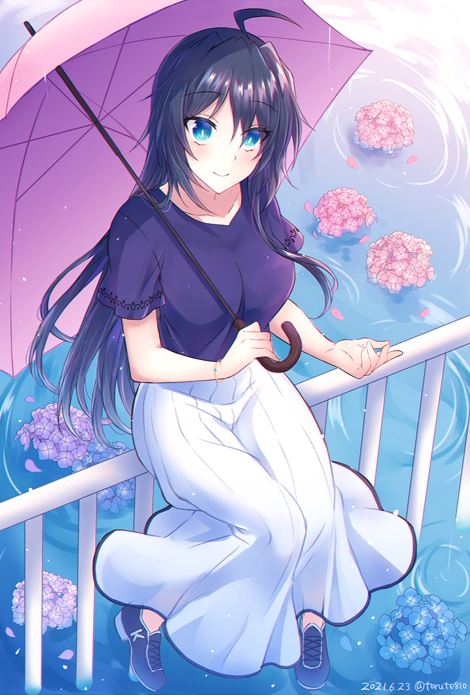 1girl, ahoge, black_footwear, black_hair, black_shirt, blue_eyes, blue_flower, blush