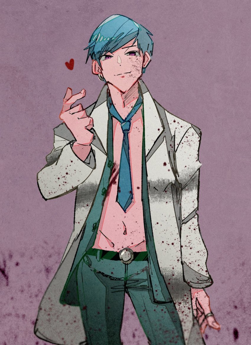 1boy, animification, belt, black_belt, blood, blood_on_clothes, blue_hair, blue_necktie