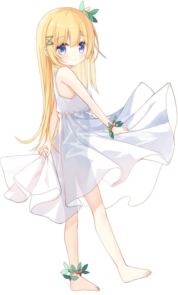 1girl, bare_arms, bare_shoulders, barefoot, blonde_hair, blue_eyes, blush, closed_mouth