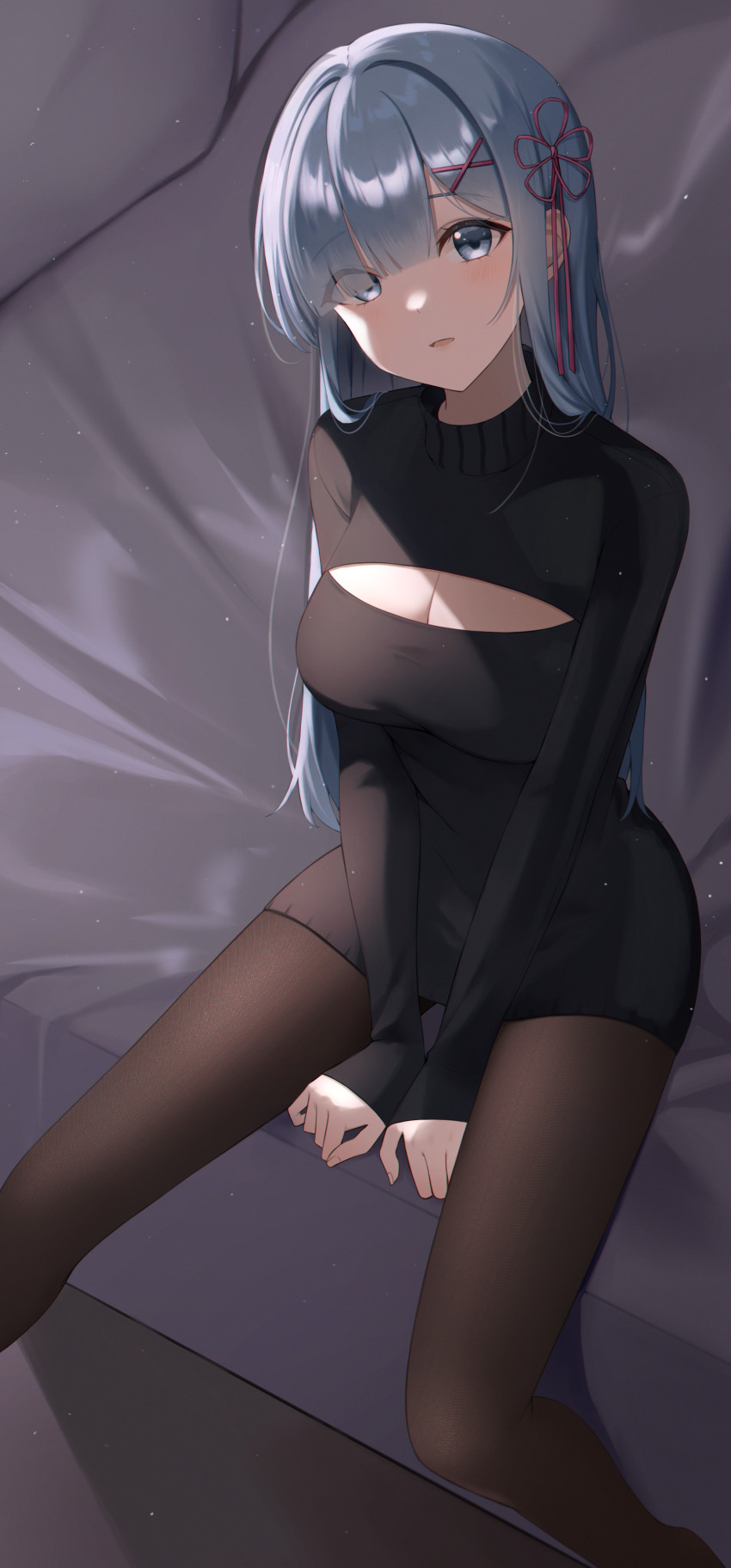 absurdres, alternate_costume, bed_sheet, black_dress, blue_eyes, blue_hair, breasts, brown_pantyhose